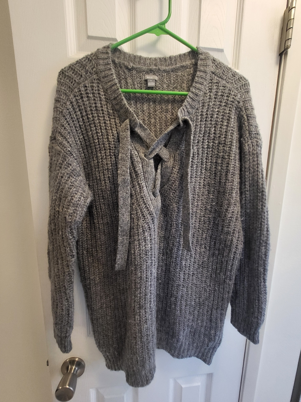 aerie Gray Lace-Up V-Neck Ribbed Knit Sweater